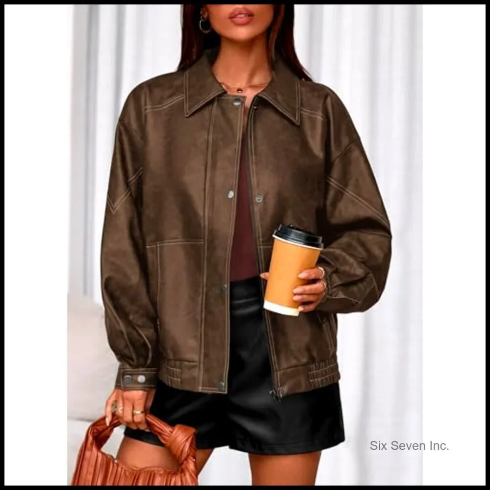 Faux Leather Bomber Jacket Oversized Moto Biker Style Retro Zip Up - Picture 5 of 7